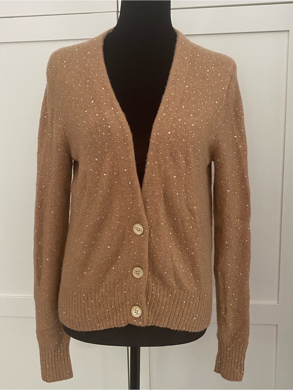 J. Crew Sparkle Camel Brown Merino Wool Alpaca Blend Soft V-Neck Cardigan Small